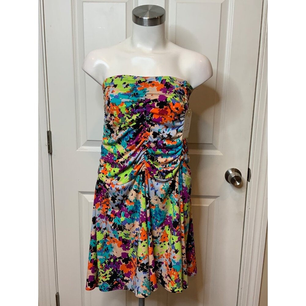 Nanette Lepore Multicolor Floral Strapless Mini Dress W/ Ruching, Size L